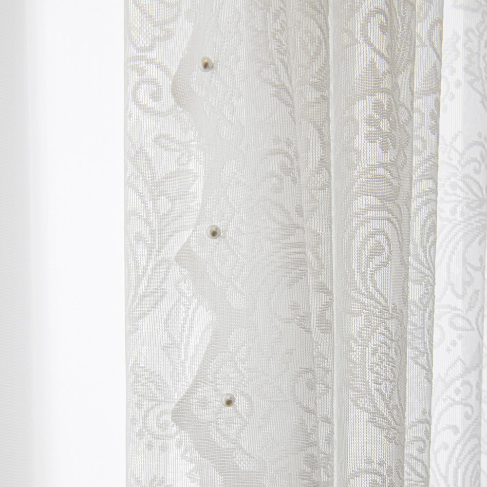 Chic White Sheer Curtains with Lace Inlaid Pearl and Distinctive Wave Trim