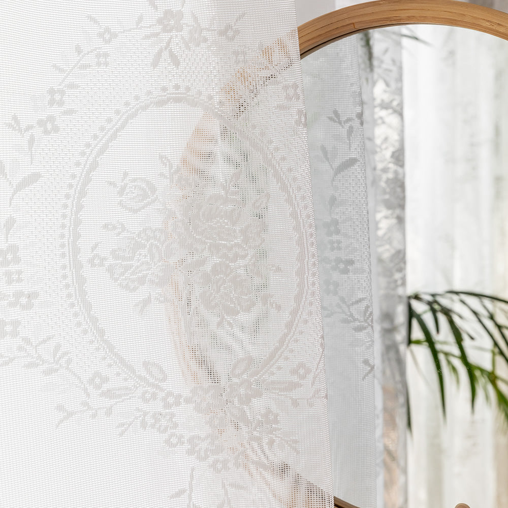 Chic White Lace Sheer Curtains - Rose Mirror Embroidery & Jacquard Finish