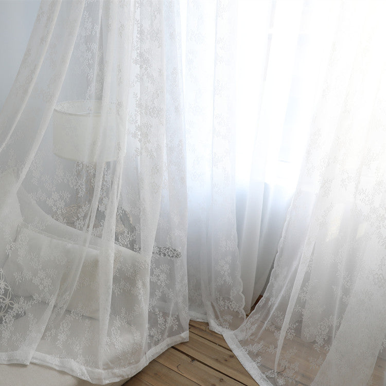 Floral Embroidered White Lace Sheer Curtains with Stylish Wave Trim