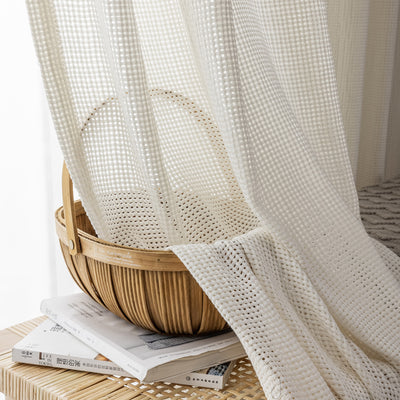 White Sheer Curtains with Modern Hollow Grid Mesh Design