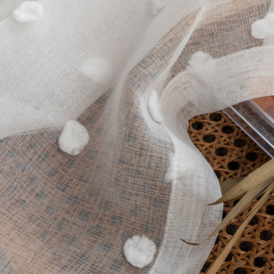 White Sheer Curtains with Delightful Pompoms and Elegant Embroidery