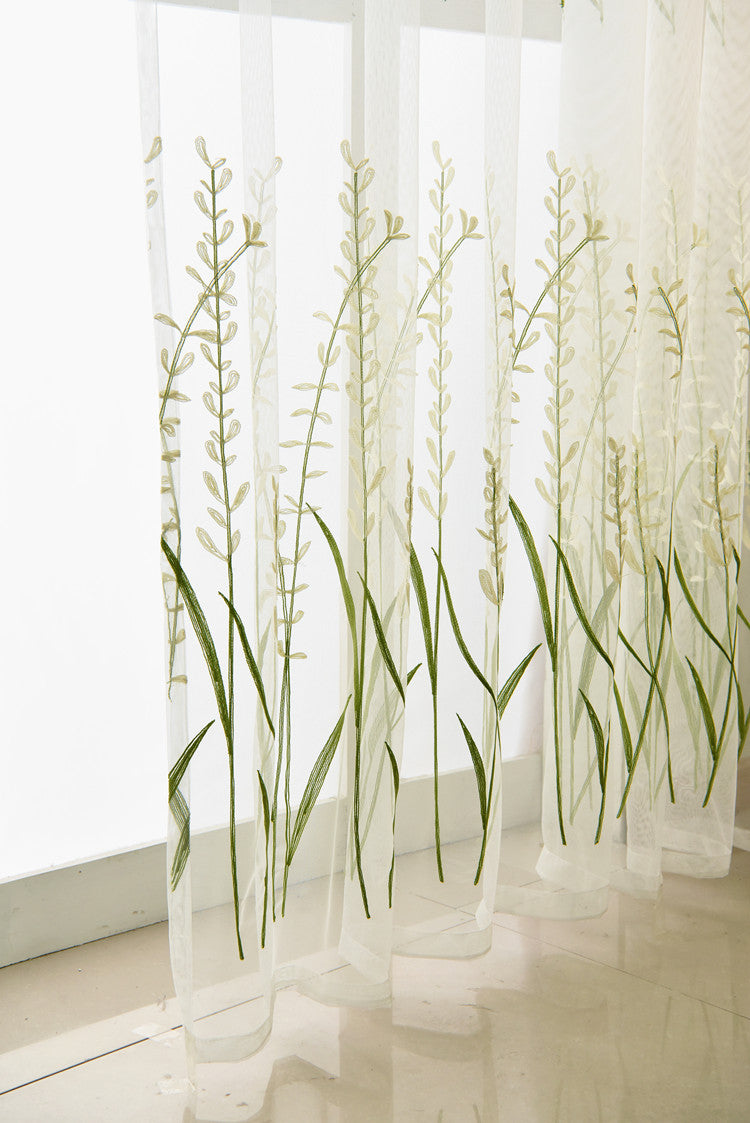 White Sheer Curtains with Beautiful Rice Green Wheat and Flower Embroidery