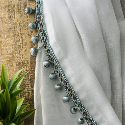 Stylish White Sheer Curtains with Pompoms and Embroidered Trim