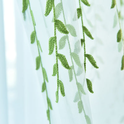 White Sheer Curtains with Beautiful Green Willow Leaves Vine Design