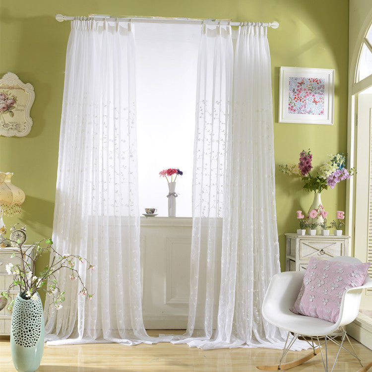 White Sheer Curtains Adorned with Delicate Small Flower and Leaf Embroidery