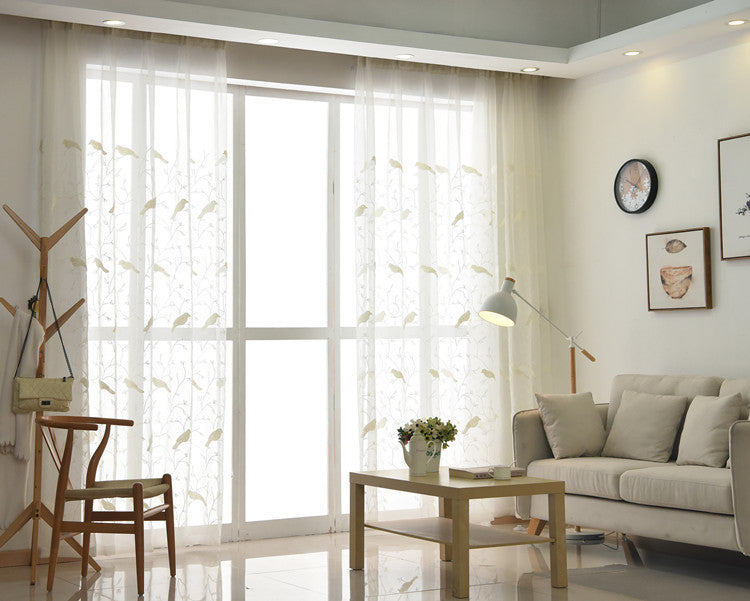 White Sheer Curtains Featuring Delicate Bird Branch Embroidery - Stylish Window Treatment