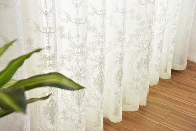 White Sheer Curtains with Exquisite Retro Royal Flower Embroidery Design