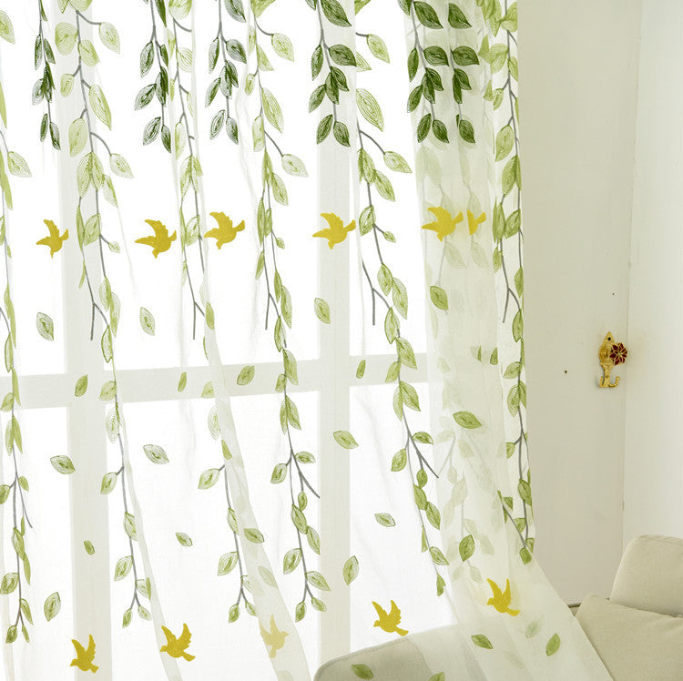 White Sheer Curtains with Delicate Green Leaves and Yellow Bird Embroidery