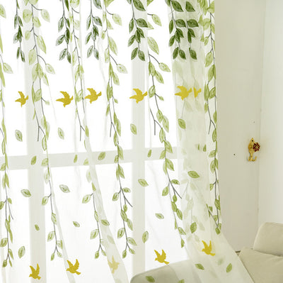 White Sheer Curtains with Delicate Green Leaves and Yellow Bird Embroidery