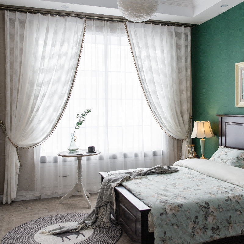 White Sheer Curtains with Luxurious Gold Pompoms and Wave Jacquard Pattern