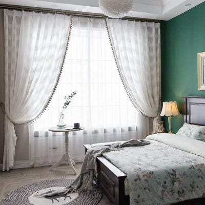 White Sheer Curtains with Luxurious Gold Pompoms and Wave Jacquard Pattern