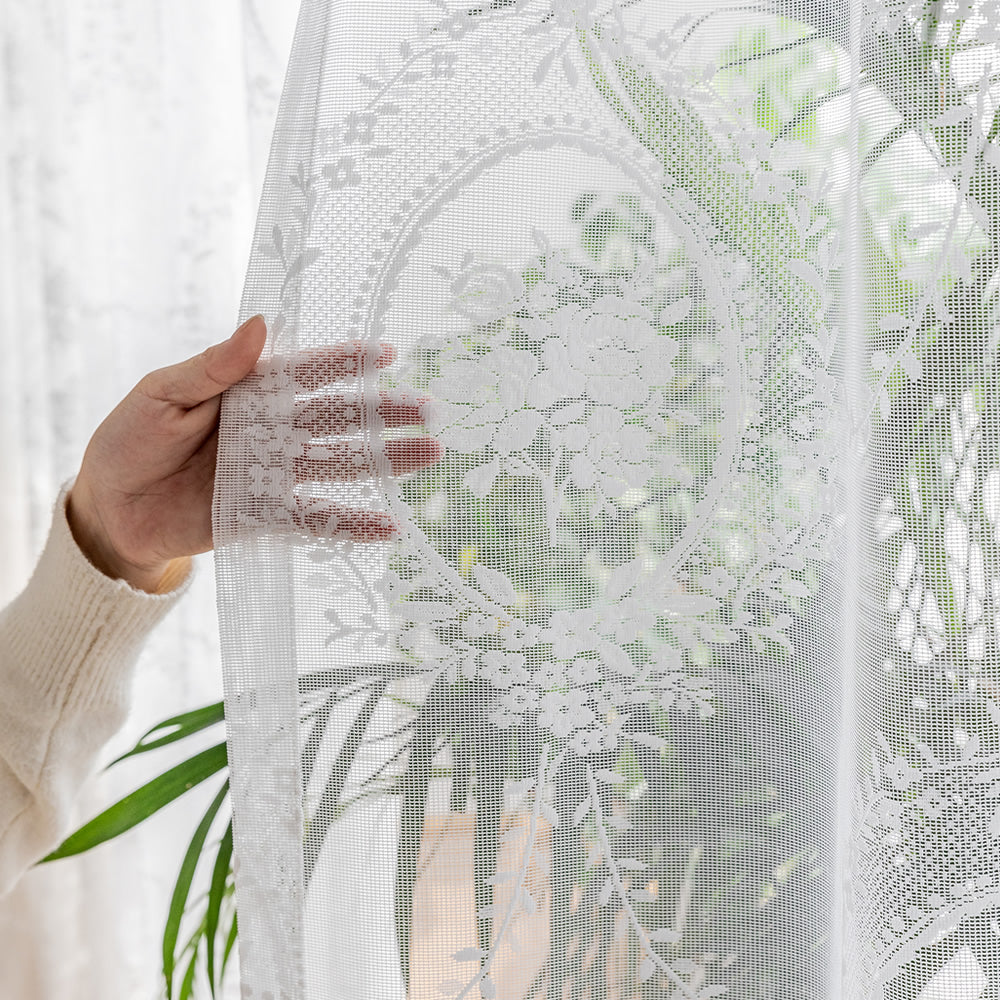 Chic White Lace Sheer Curtains - Rose Mirror Embroidery & Jacquard Finish