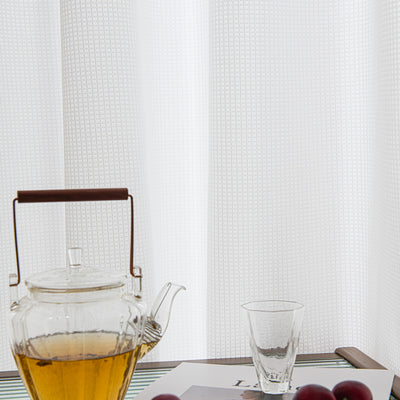 Modern White Sheer Curtains with Stylish Checkered Jacquard Texture