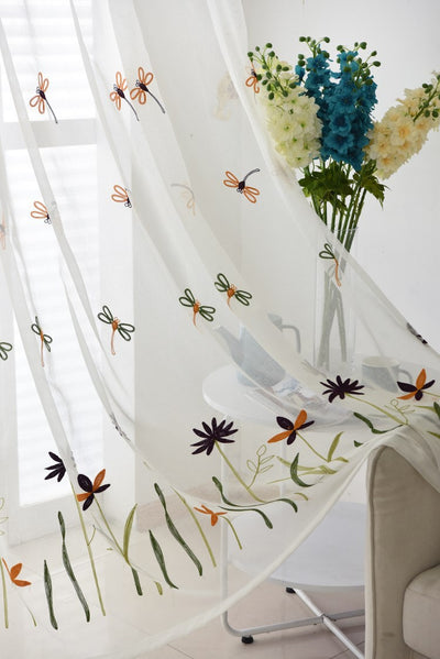 White Sheer Curtains with Beautiful Dragonfly and Purple Floral Embroidery