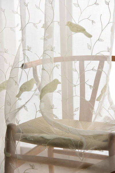 White Sheer Curtains Featuring Delicate Bird Branch Embroidery - Stylish Window Treatment