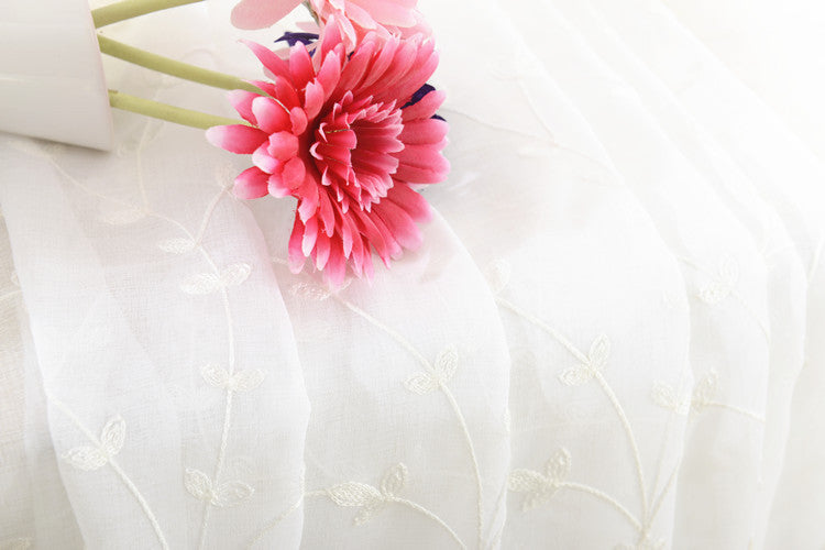 White Sheer Curtains Adorned with Delicate Small Flower and Leaf Embroidery