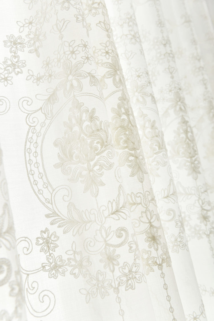 White Sheer Curtains with Exquisite Retro Royal Flower Embroidery Design