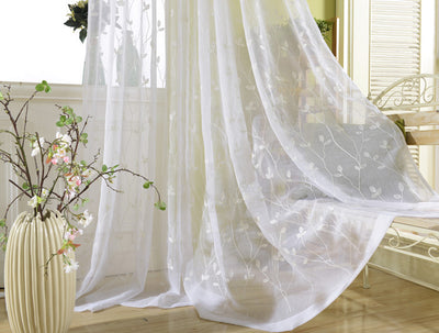 White Sheer Curtains Featuring Beautiful Branch Leaf Embroidery