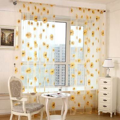 Sunny Yellow Sunflower Print on White Sheer Curtains