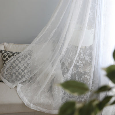 Floral Embroidered White Lace Sheer Curtains with Stylish Wave Trim