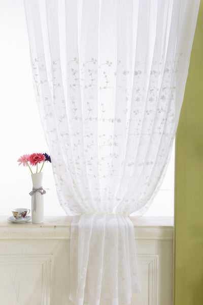White Sheer Curtains Adorned with Delicate Small Flower and Leaf Embroidery