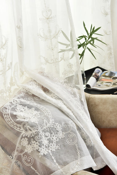 White Sheer Curtains with Exquisite Retro Royal Flower Embroidery Design