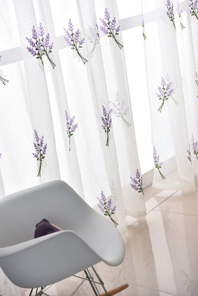 White Sheer Curtains Adorned with Beautiful Purple Lavender Embroidery