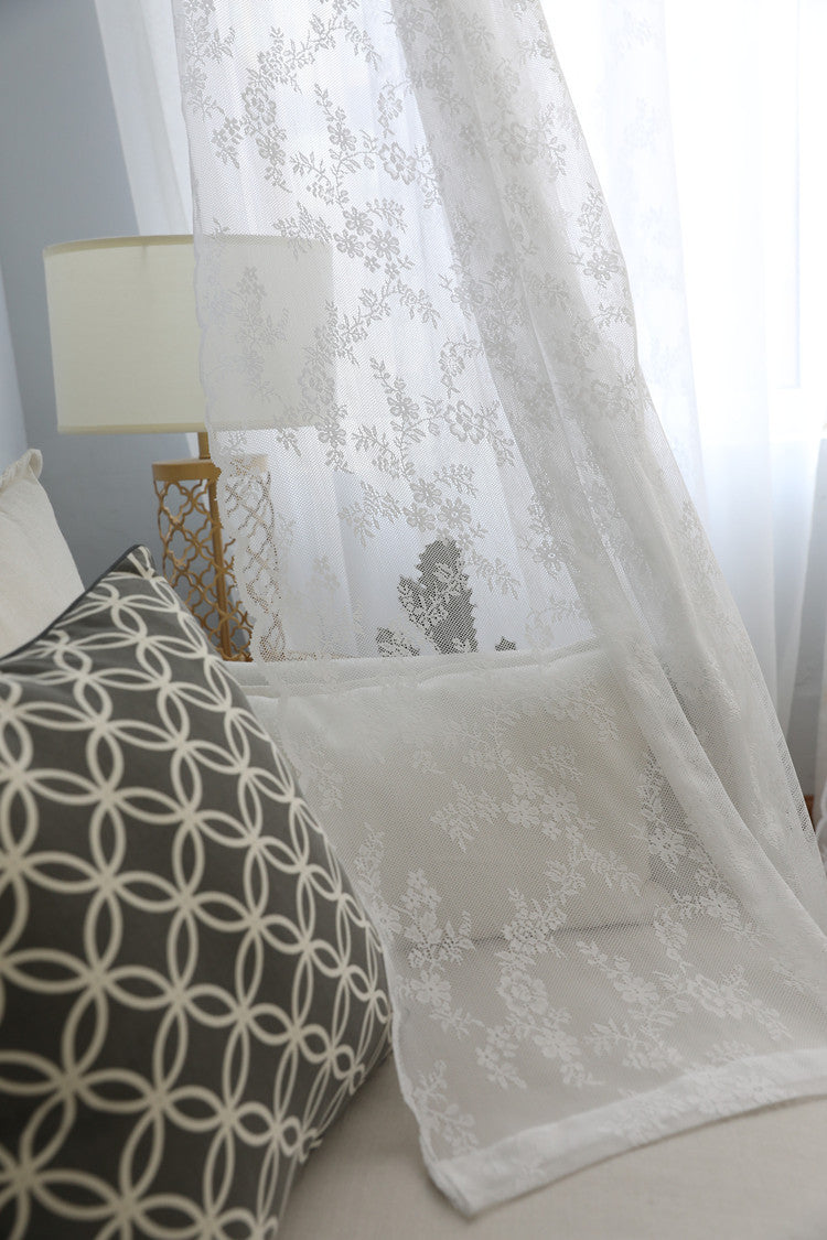 Floral Embroidered White Lace Sheer Curtains with Stylish Wave Trim