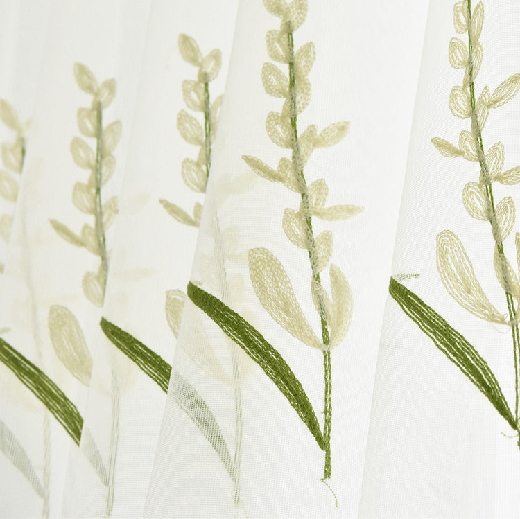 White Sheer Curtains with Beautiful Rice Green Wheat and Flower Embroidery