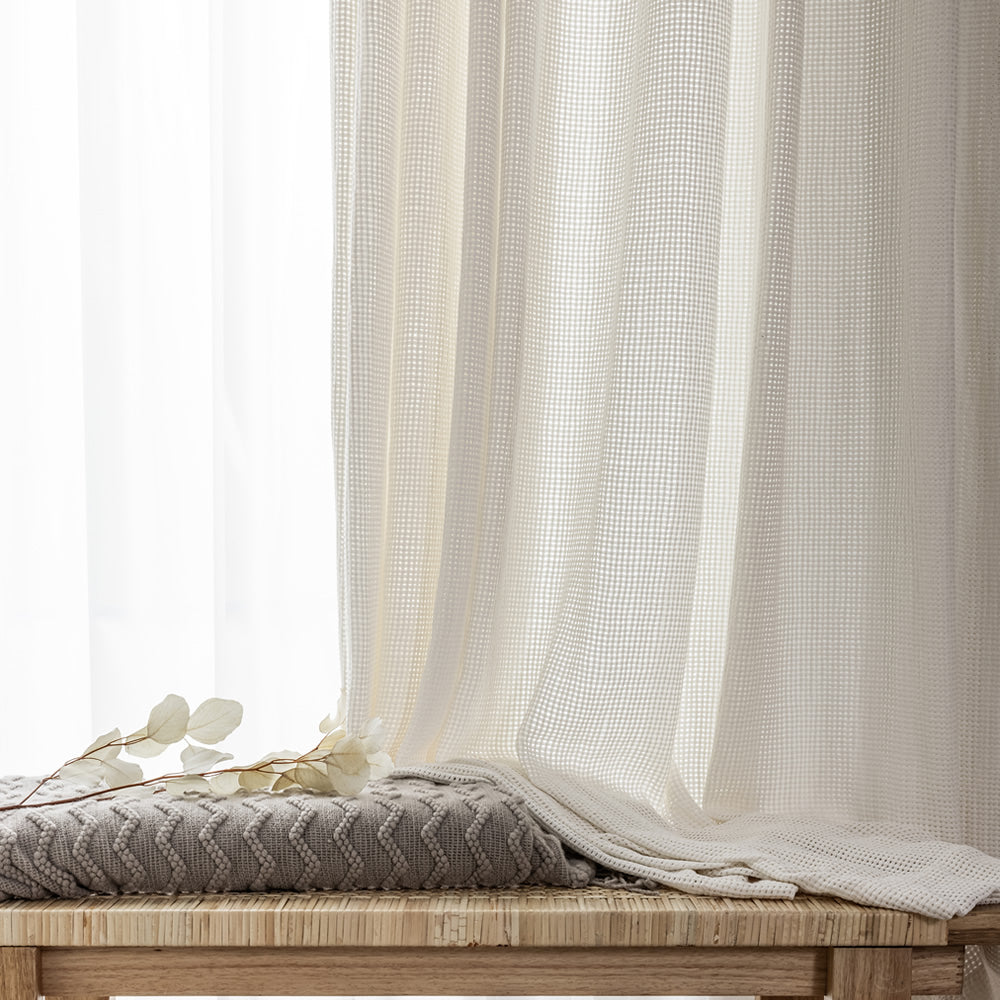 White Sheer Curtains with Modern Hollow Grid Mesh Design