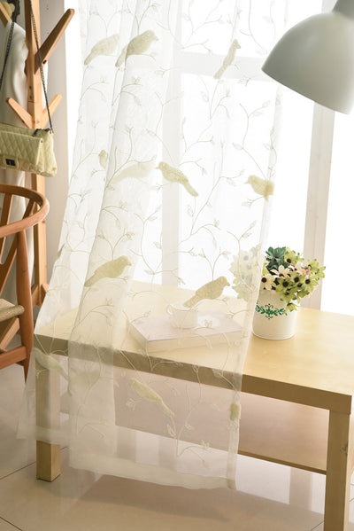 White Sheer Curtains Featuring Delicate Bird Branch Embroidery - Stylish Window Treatment