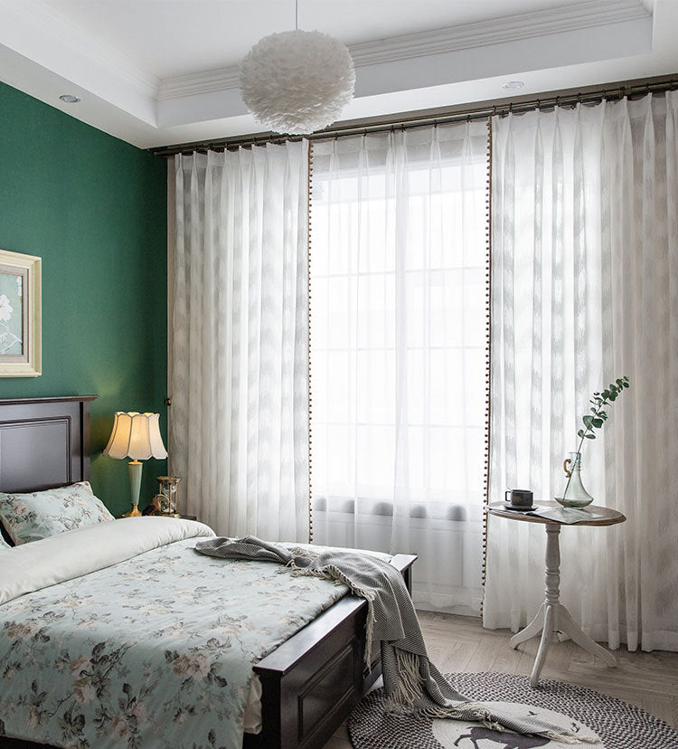 White Sheer Curtains with Luxurious Gold Pompoms and Wave Jacquard Pattern