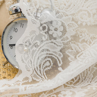 Chic White Sheer Curtains with Lace Inlaid Pearl and Distinctive Wave Trim