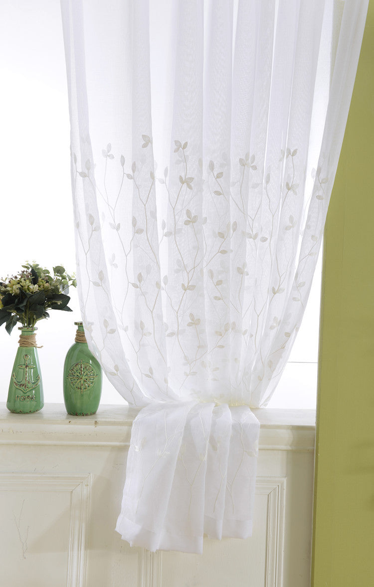 White Sheer Curtains Featuring Beautiful Branch Leaf Embroidery