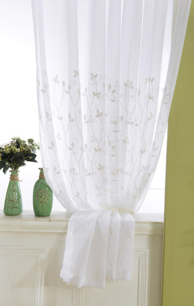 White Sheer Curtains Featuring Beautiful Branch Leaf Embroidery