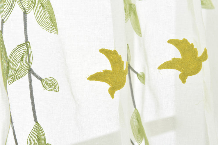 White Sheer Curtains with Delicate Green Leaves and Yellow Bird Embroidery