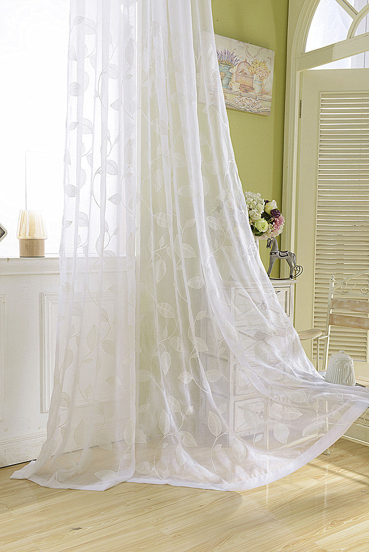 White Sheer Curtains with Beautiful Embroidered Leaf Vines