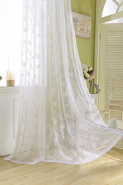 White Sheer Curtains with Beautiful Embroidered Leaf Vines