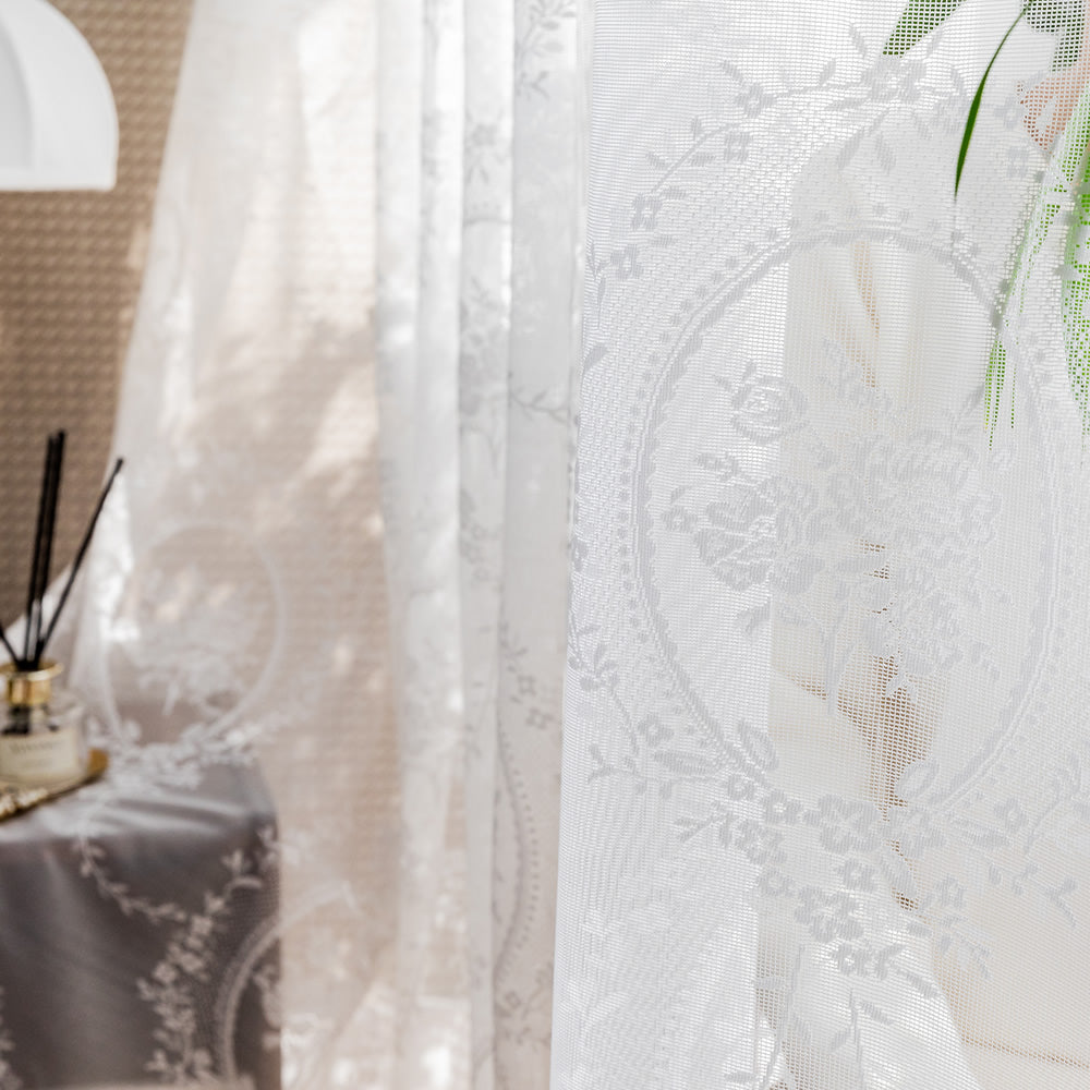 Chic White Lace Sheer Curtains - Rose Mirror Embroidery & Jacquard Finish