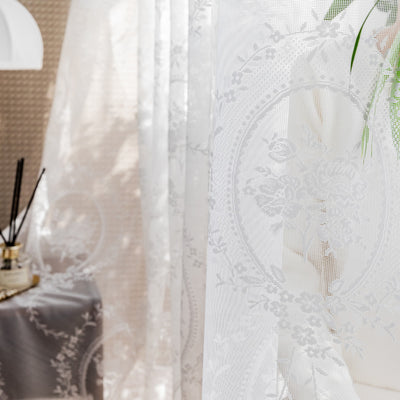 Chic White Lace Sheer Curtains - Rose Mirror Embroidery & Jacquard Finish