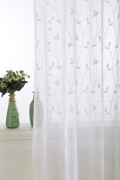 White Sheer Curtains Featuring Beautiful Branch Leaf Embroidery