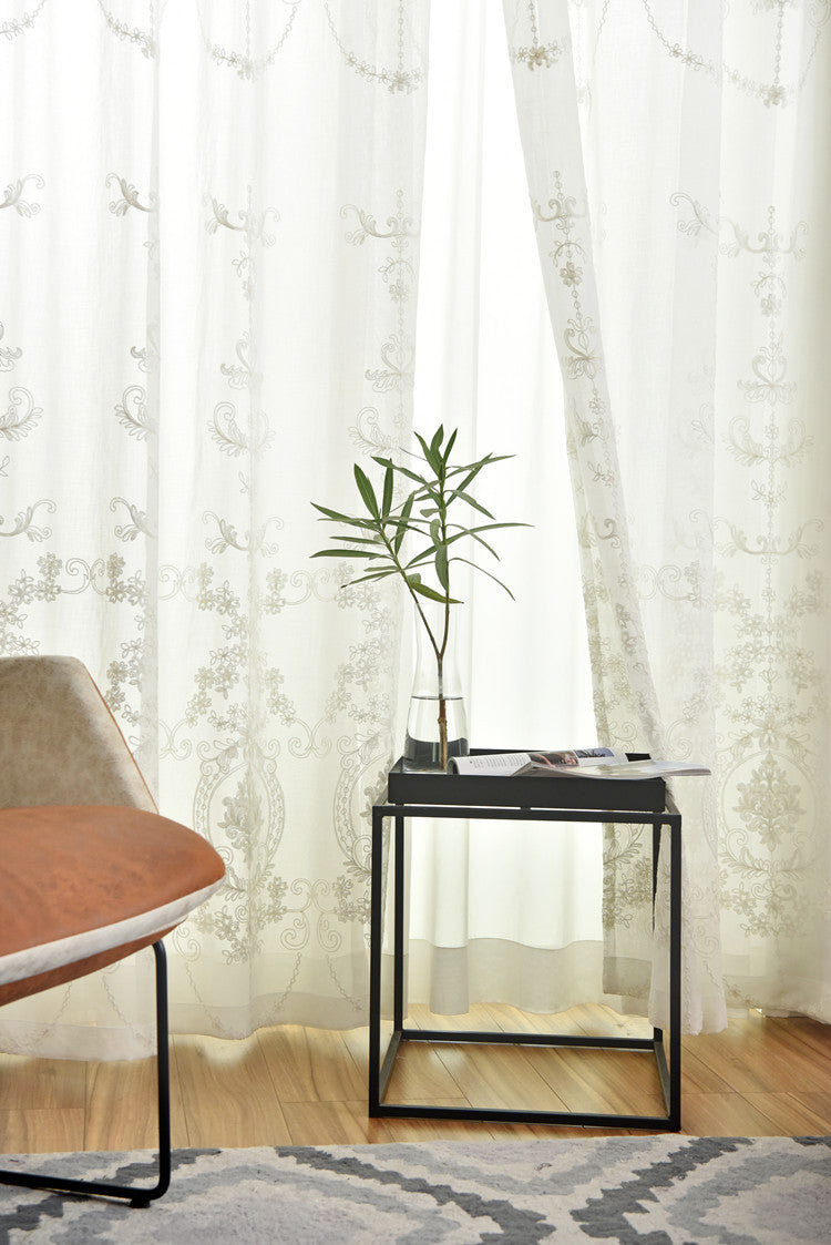 White Sheer Curtains with Exquisite Retro Royal Flower Embroidery Design