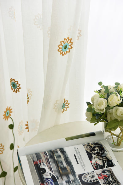 White Sheer Curtains Sunflower Daisy Embroidery