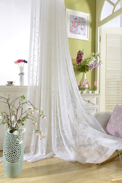 White Sheer Curtains Adorned with Delicate Small Flower and Leaf Embroidery