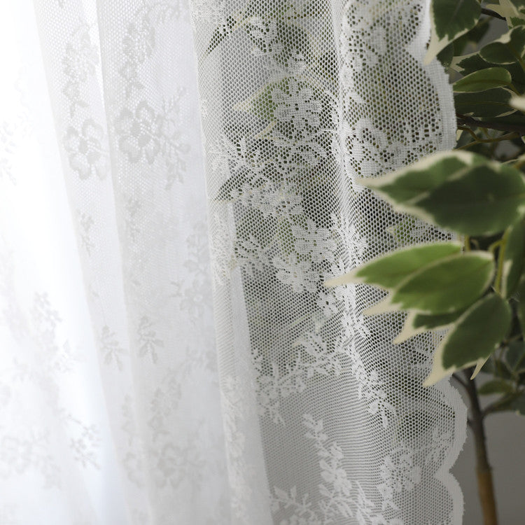 Floral Embroidered White Lace Sheer Curtains with Stylish Wave Trim