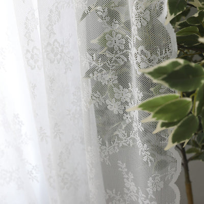 Floral Embroidered White Lace Sheer Curtains with Stylish Wave Trim