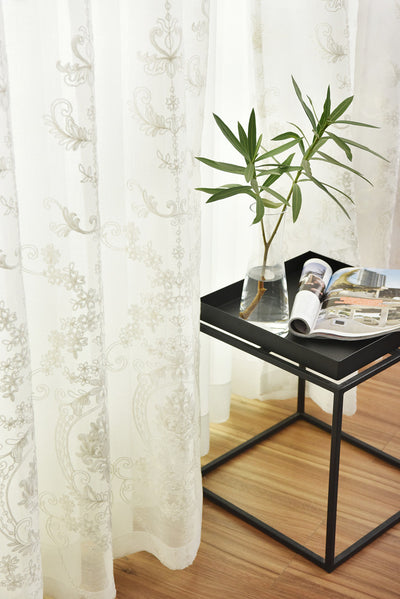 White Sheer Curtains with Exquisite Retro Royal Flower Embroidery Design