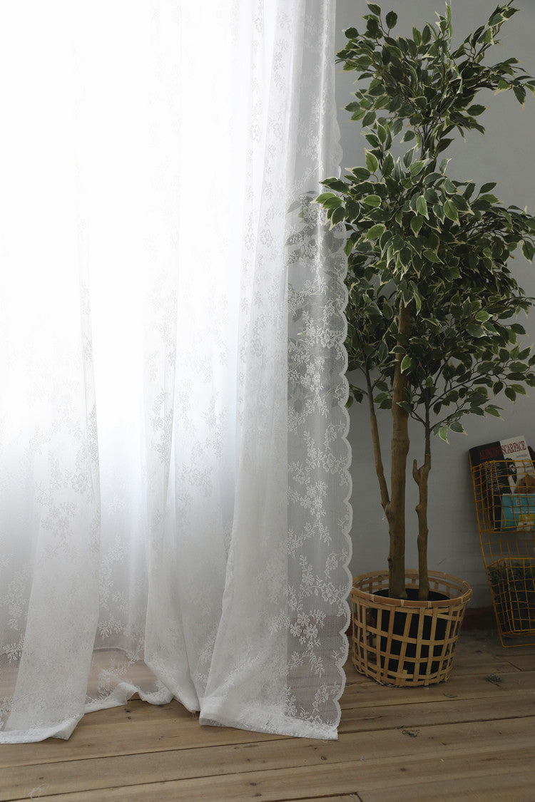 Floral Embroidered White Lace Sheer Curtains with Stylish Wave Trim
