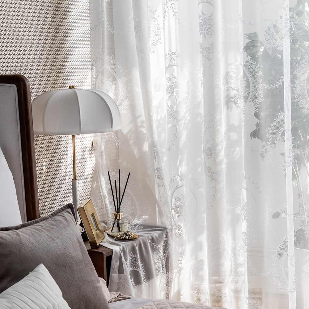 Chic White Lace Sheer Curtains - Rose Mirror Embroidery & Jacquard Finish
