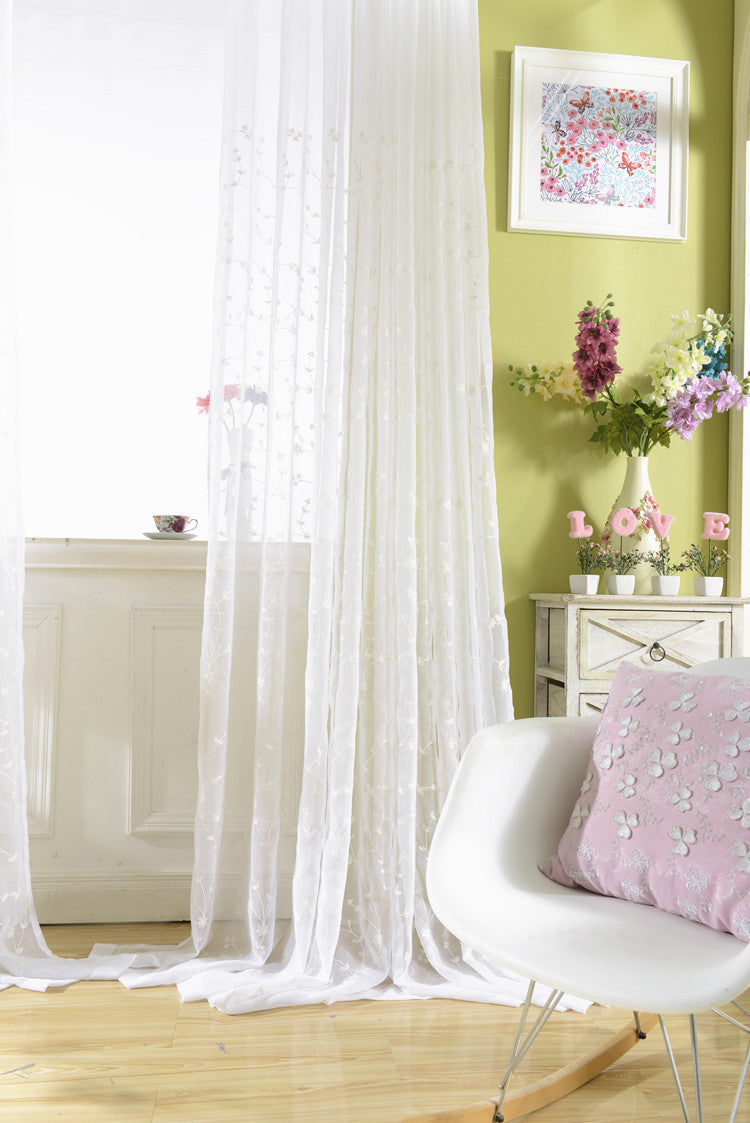 White Sheer Curtains Adorned with Delicate Small Flower and Leaf Embroidery
